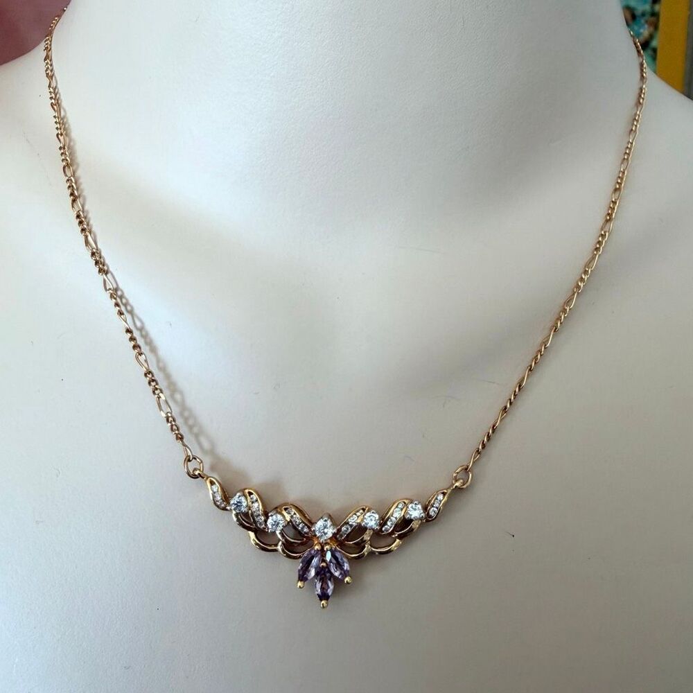 Gold Tone Lavender Purple Marquise Rhinestone Statement Necklace